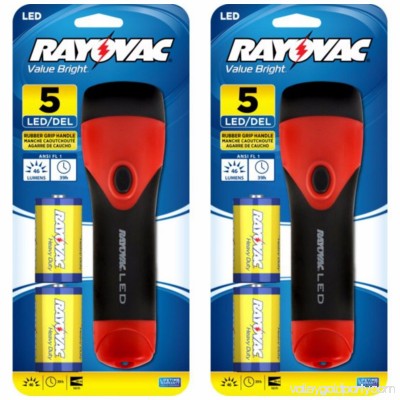 Rayovac Value Bright 5 LED 2D Rubber Flashlight with 2 D Batteries (2 Pack) + Fast Shipping